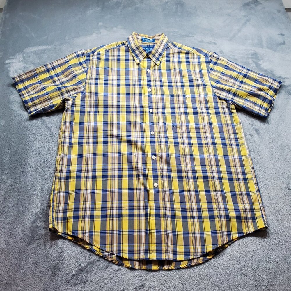 TownCraft Wrinkle Free Stain Release Plaid Button Down Shirt Yellow Blue Mn Sz M